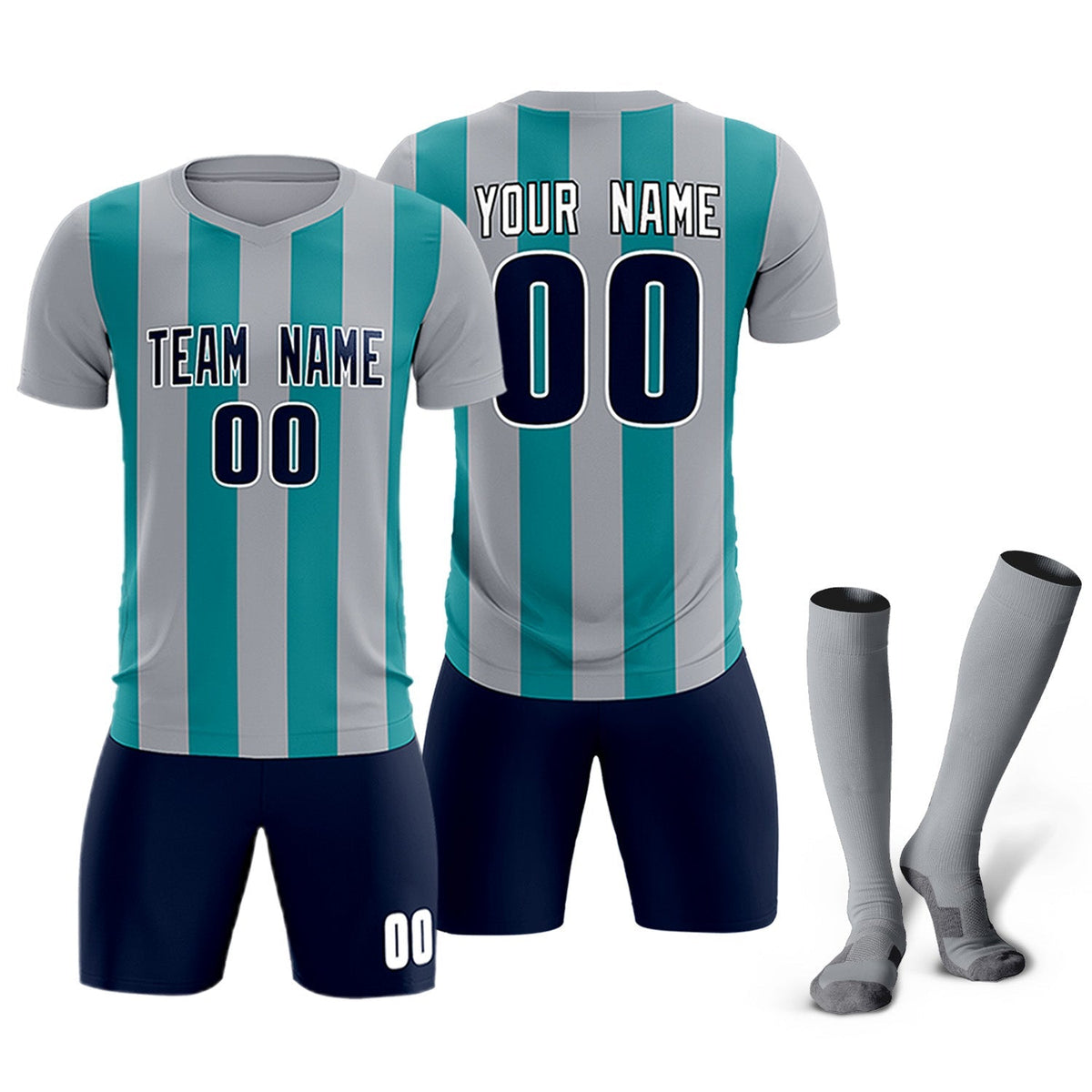 Custom Gray Aqua Vertical Stripes Casual Outdoor Soccer Sets Jersey
