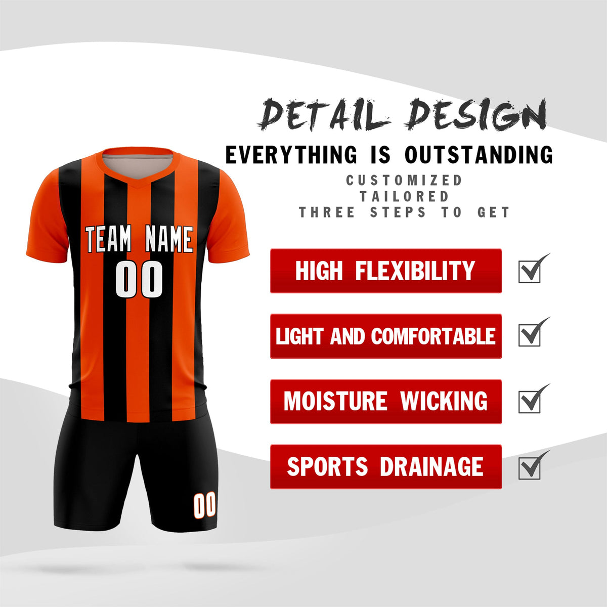 Custom Orange Black Vertical Stripes Casual Outdoor Football Kits Jersey
