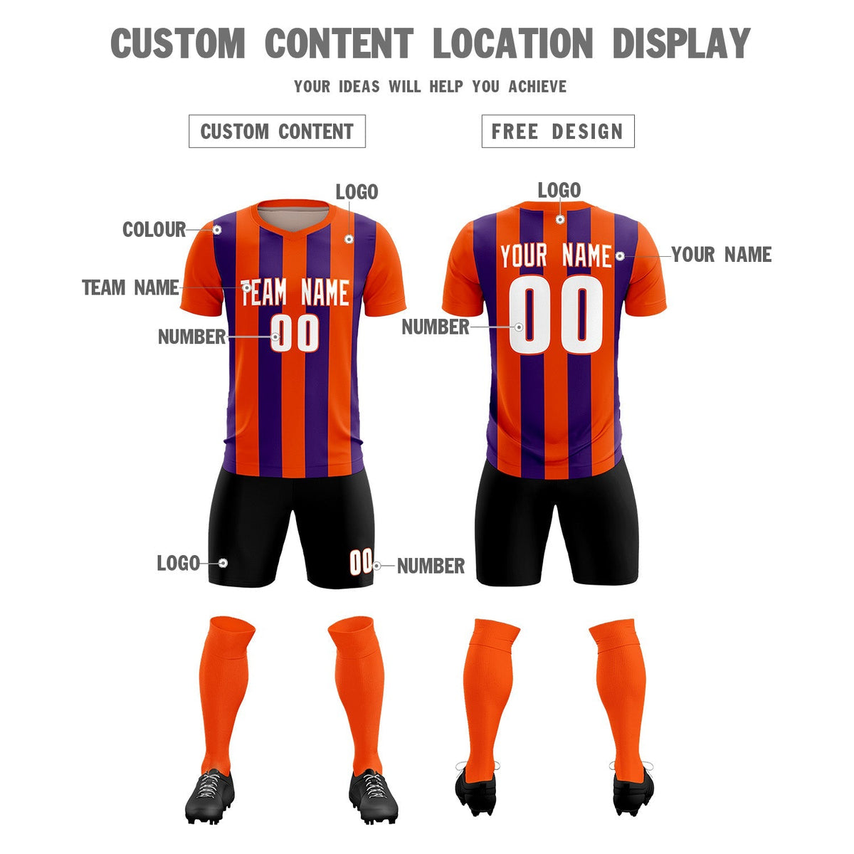 Custom Orange Purple Vertical Stripes Casual Outdoor Soccer Sets Jersey