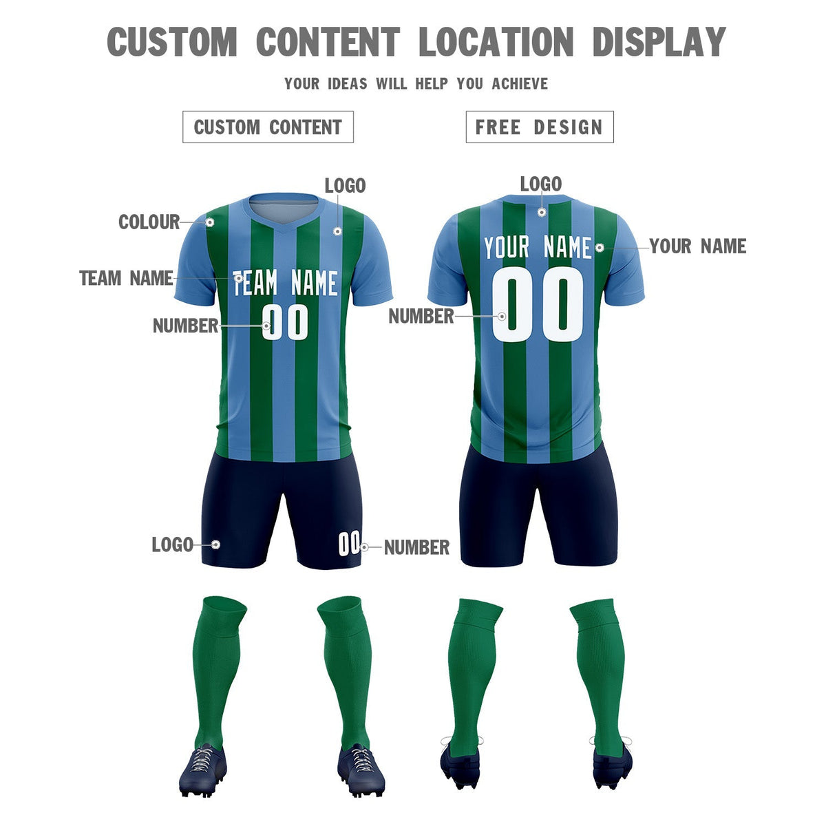Custom Light Blue Kelly Green Vertical Stripes Casual Outdoor Soccer Sets Jersey