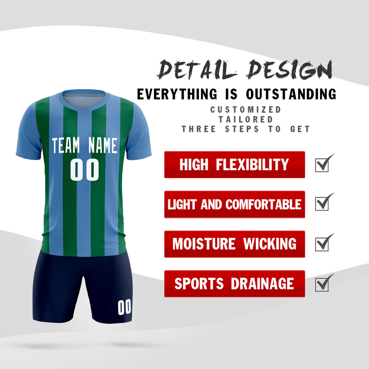 Custom Light Blue Kelly Green Vertical Stripes Casual Outdoor Soccer Sets Jersey