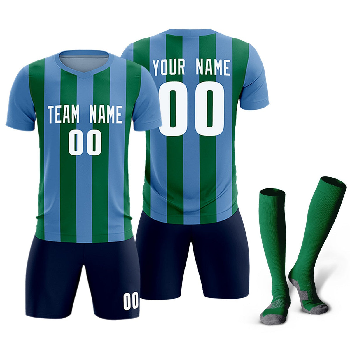 Custom Light Blue Kelly Green Vertical Stripes Casual Outdoor Soccer Sets Jersey