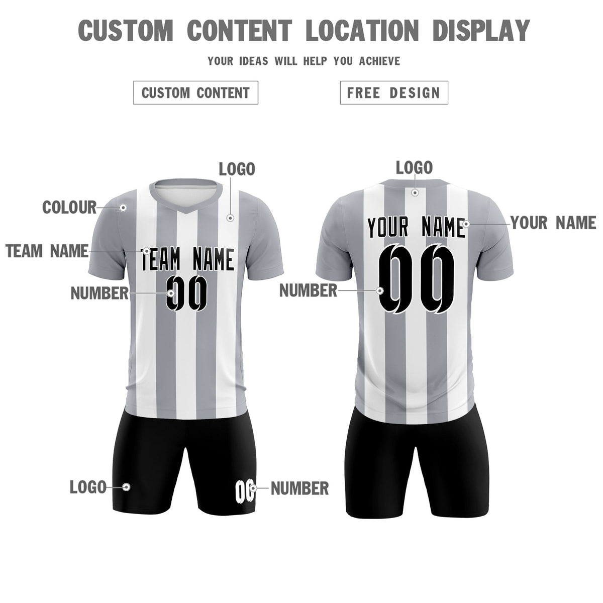 Custom White Gray Vertical Stripes Casual Outdoor Football Kits Jersey