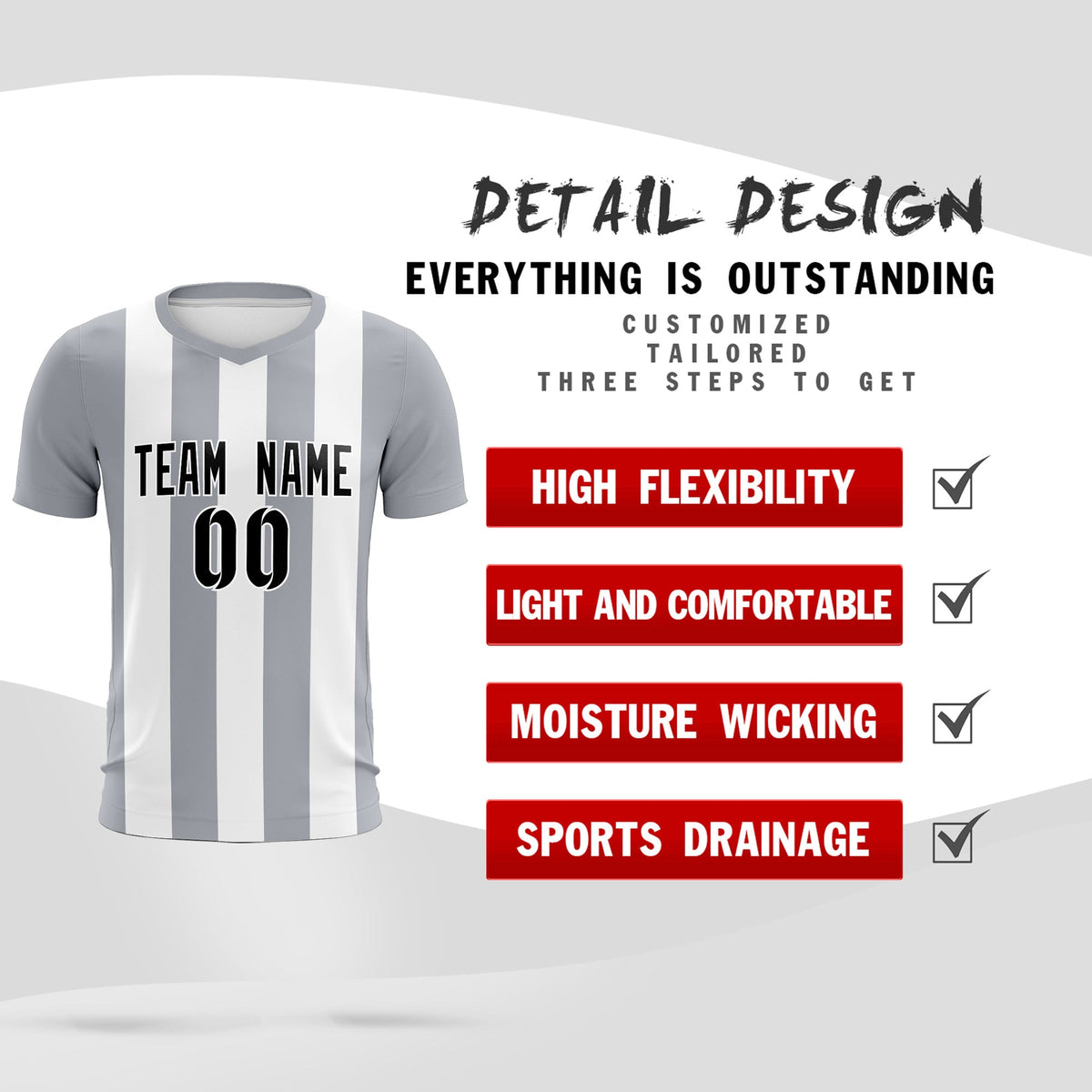 Custom White Gray Vertical Stripes Casual Outdoor Football Kits Jersey