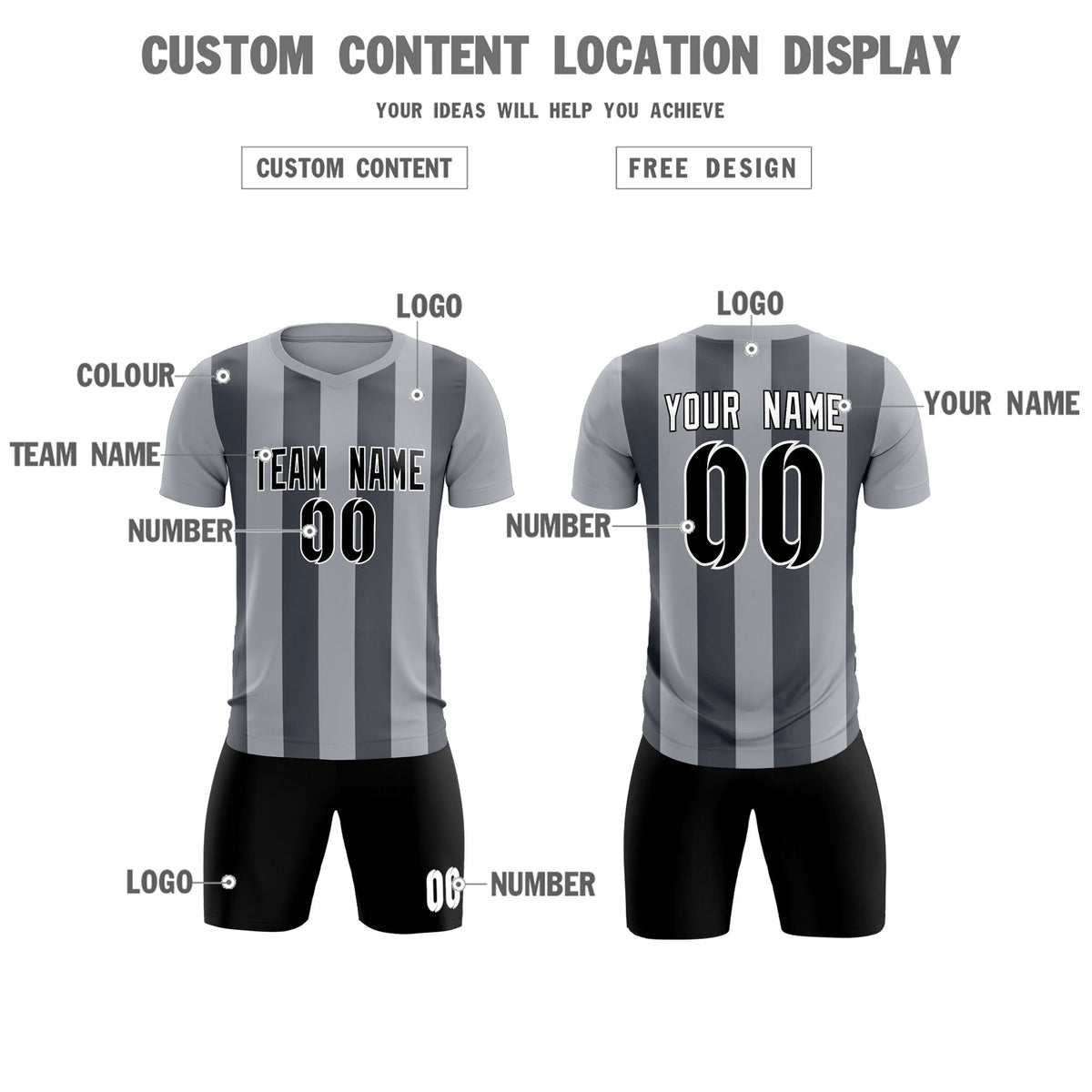 Custom Gray Dark Gray Vertical Stripes Casual Outdoor Football Kits Jersey