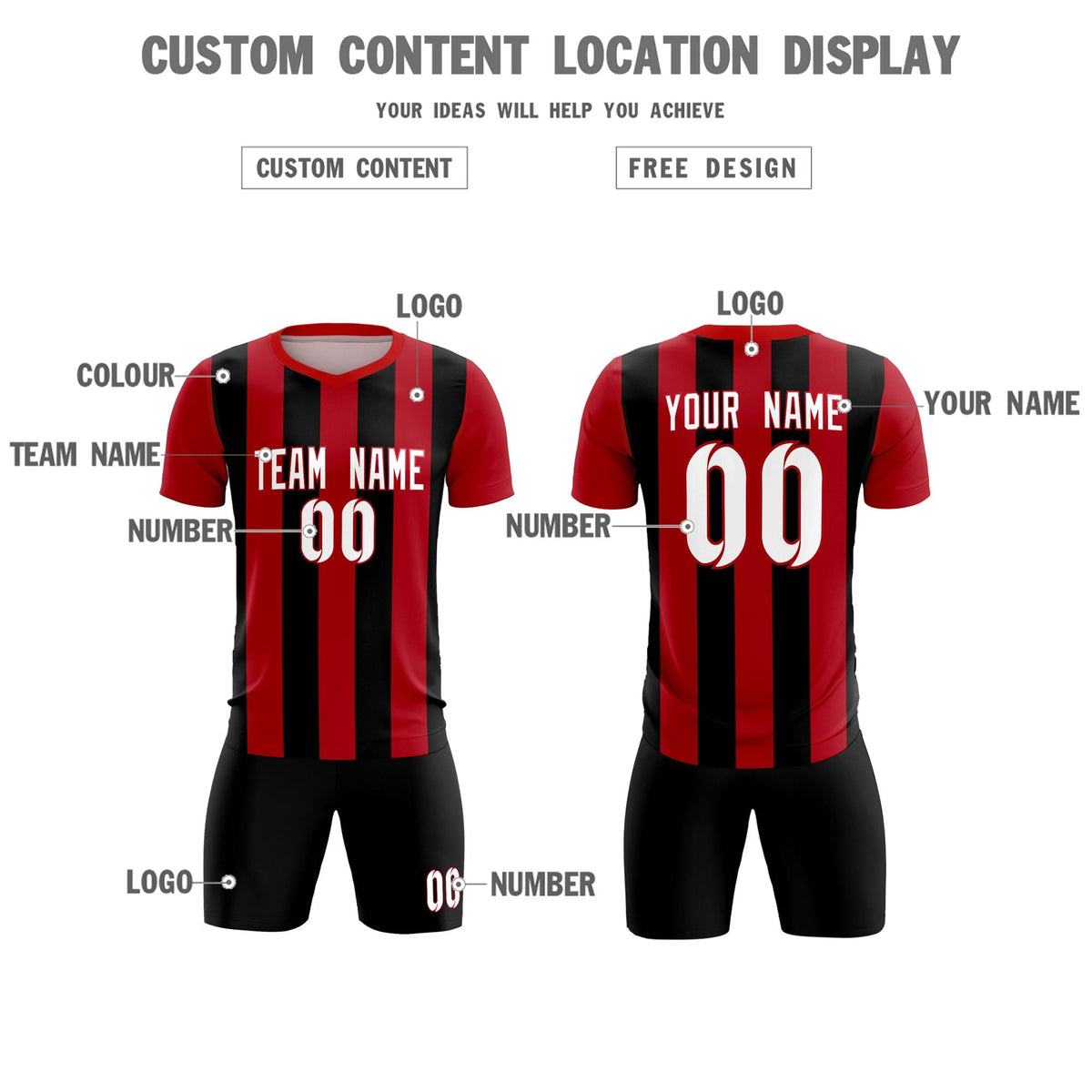 Custom Red Black Vertical Stripes Casual Outdoor Football Kits Jersey