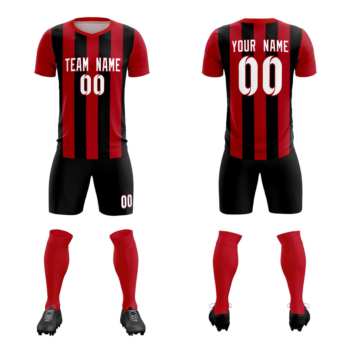 Custom Red Black Vertical Stripes Casual Outdoor Soccer Sets Jersey