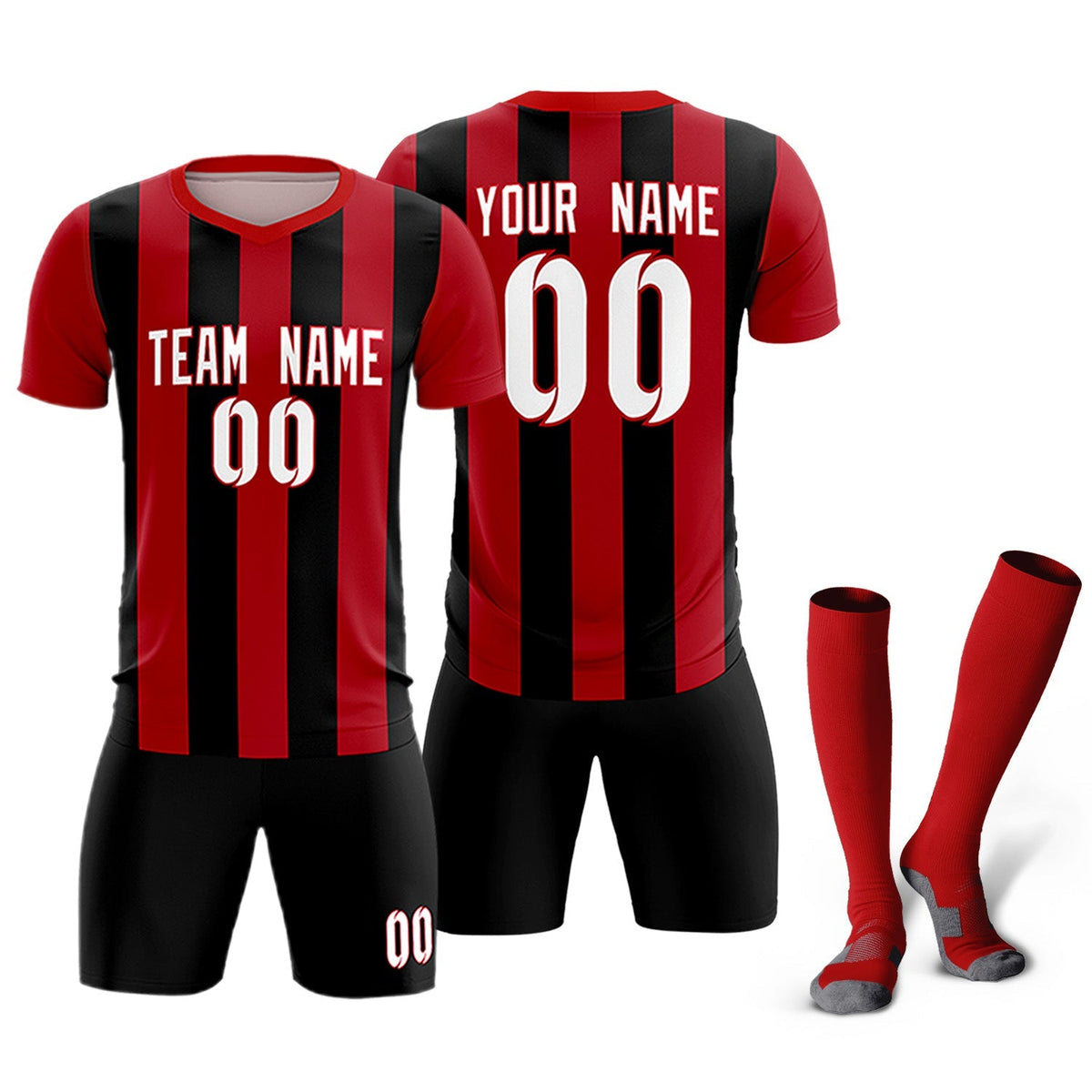 Custom Red Black Vertical Stripes Casual Outdoor Football Kits Jersey