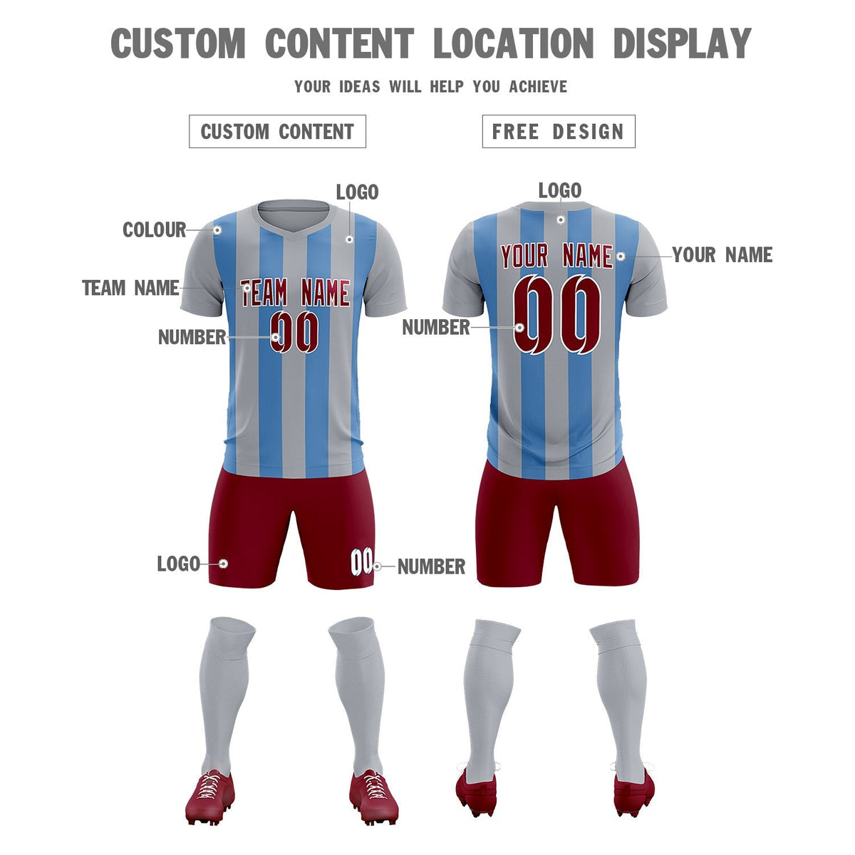 Custom Gray Light Blue Vertical Stripes Casual Outdoor Football Kits Jersey