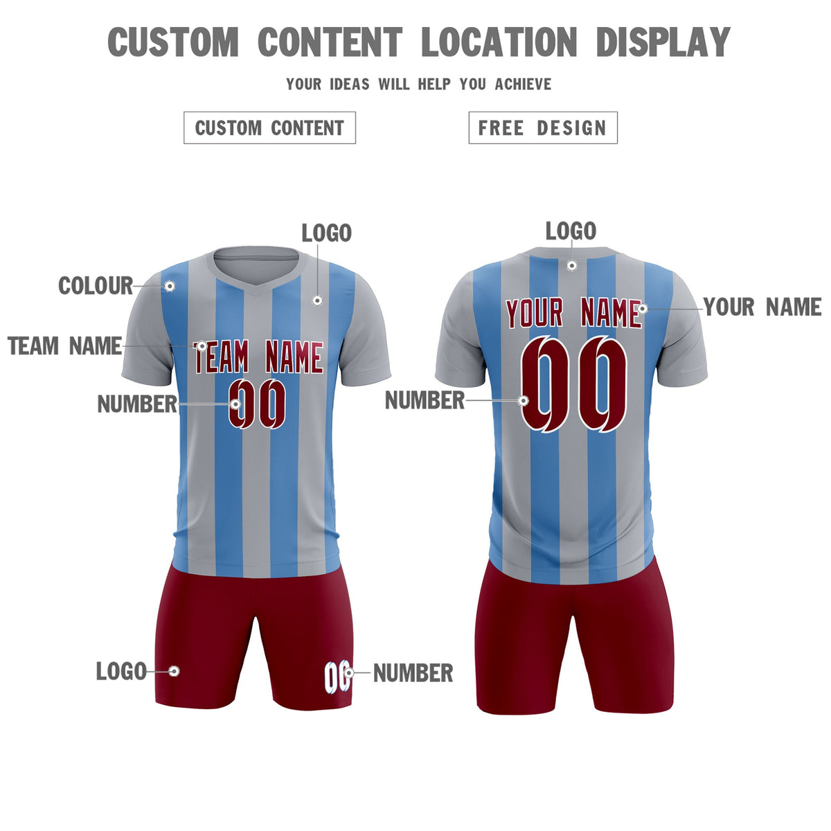 Custom Gray Light Blue Vertical Stripes Casual Outdoor Football Kits Jersey