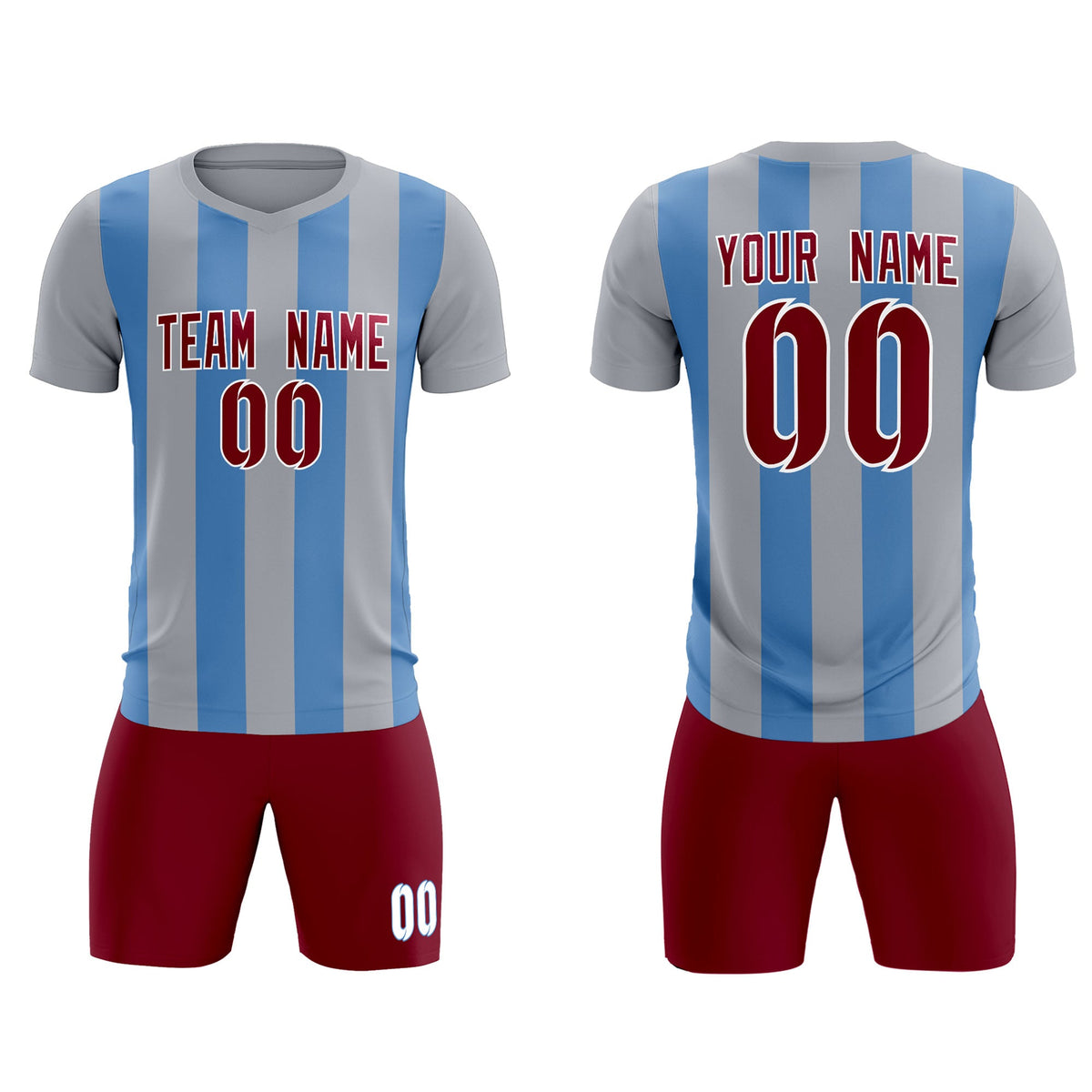 Custom Gray Light Blue Vertical Stripes Casual Outdoor Soccer Sets Jersey