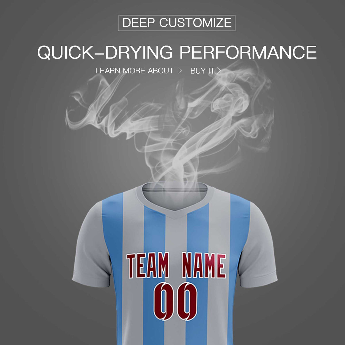 Custom Gray Light Blue Vertical Stripes Casual Outdoor Football Kits Jersey