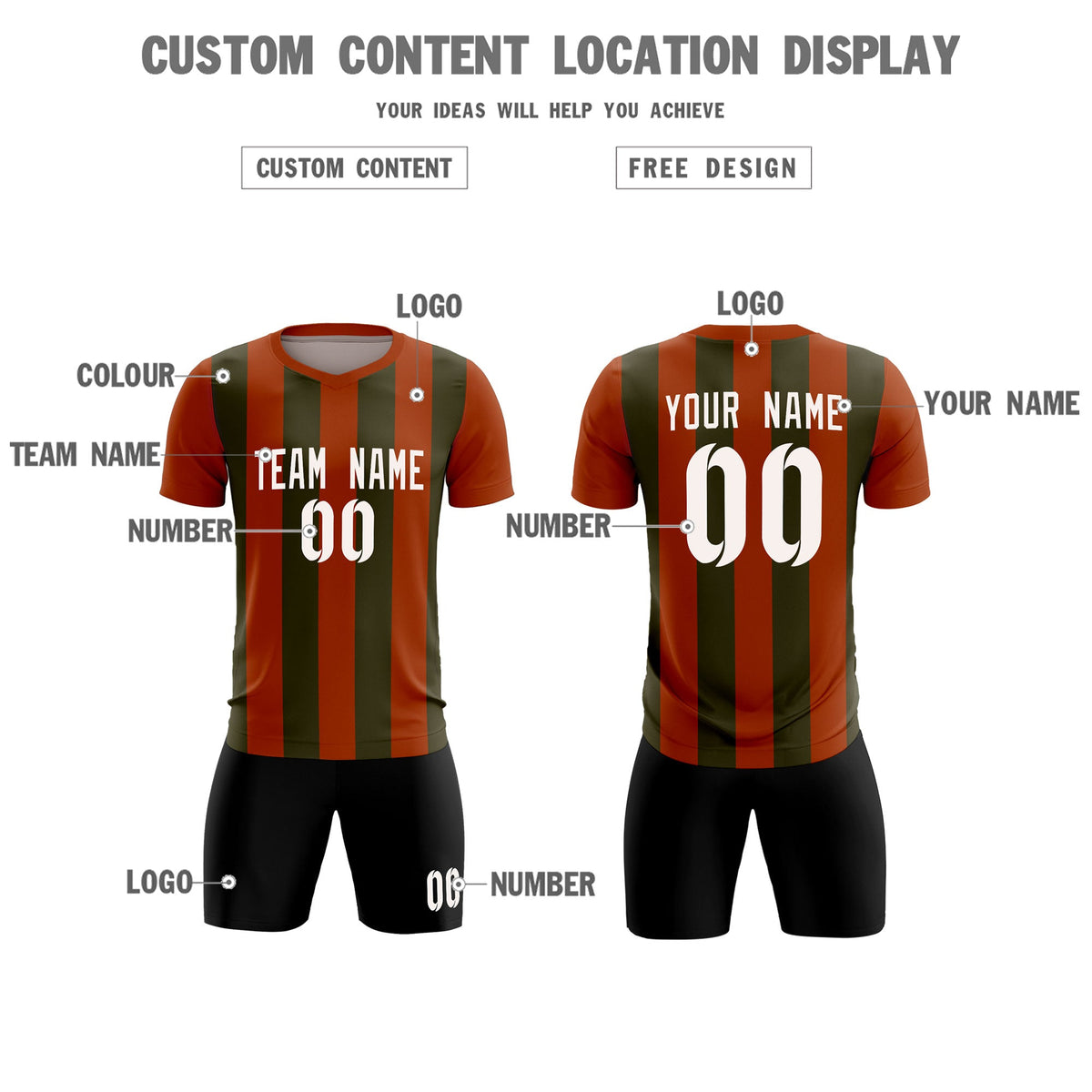 Custom Texas Orange Olive Vertical Stripes Casual Outdoor Soccer Sets Jersey