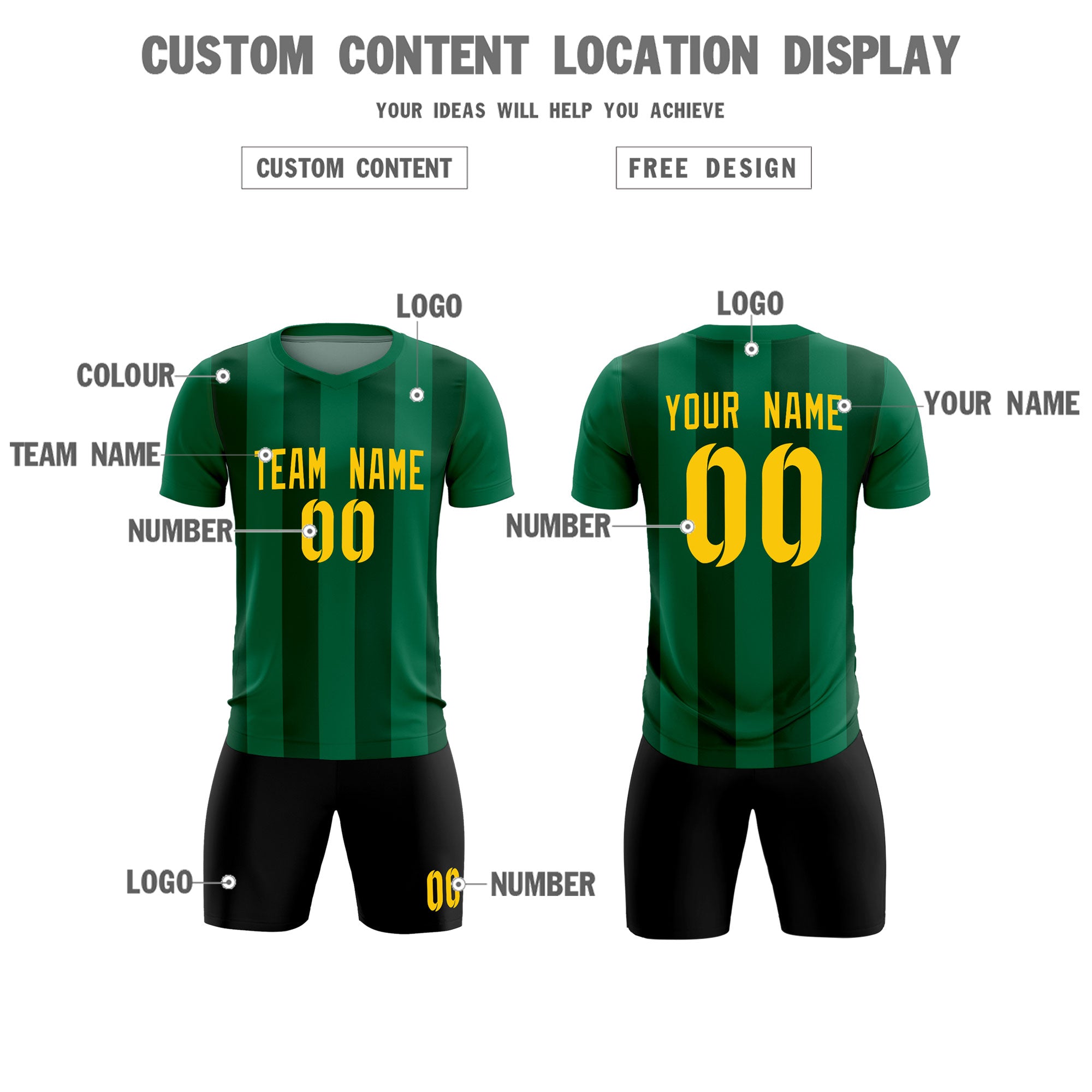 Custom Kelly Green Green Vertical Stripes Casual Outdoor Soccer Sets Jersey