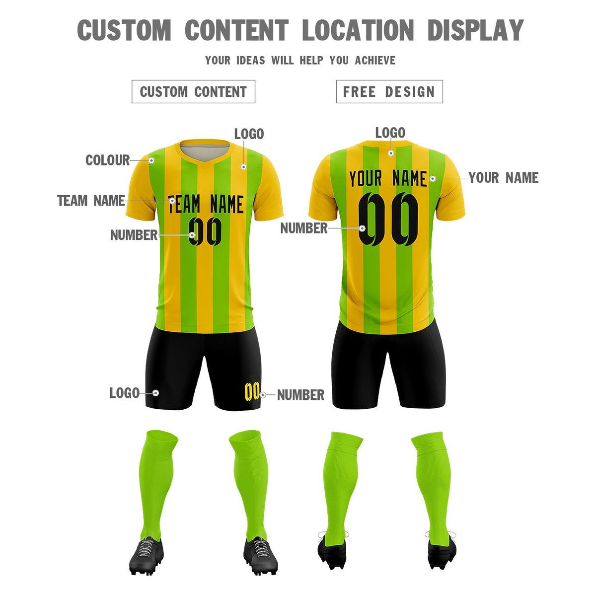 Custom Gold Neon Green Vertical Stripes Casual Outdoor Football Kits Jersey