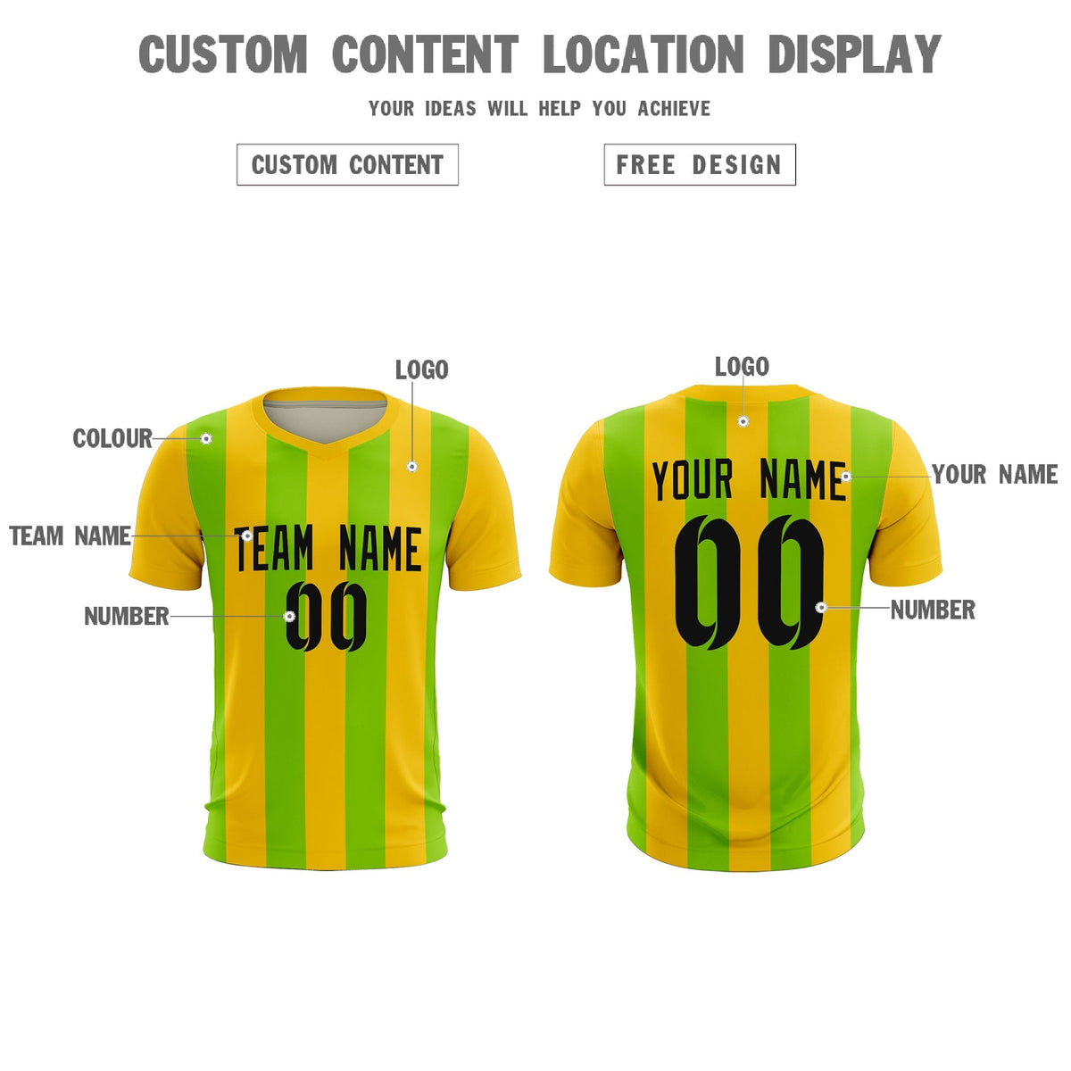 Custom Gold Neon Green Vertical Stripes Casual Outdoor Football Kits Jersey