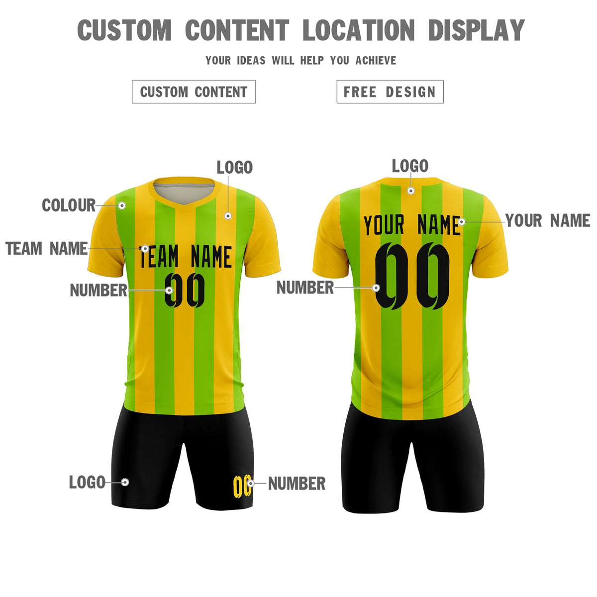 Custom Gold Neon Green Vertical Stripes Casual Outdoor Football Kits Jersey