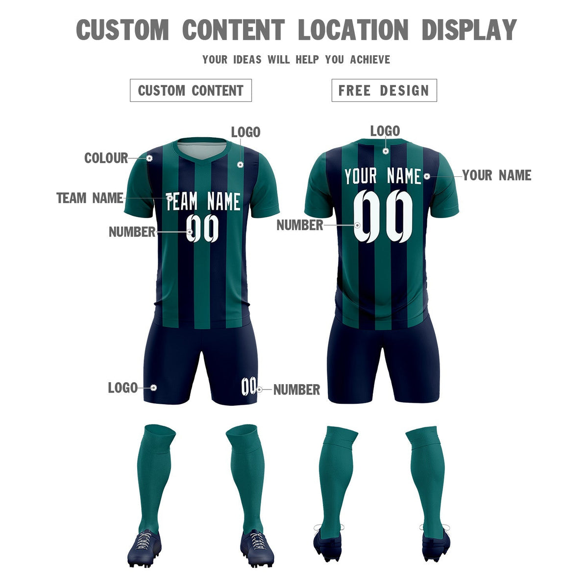 Custom Aqua Navy Vertical Stripes Casual Outdoor Soccer Sets Jersey