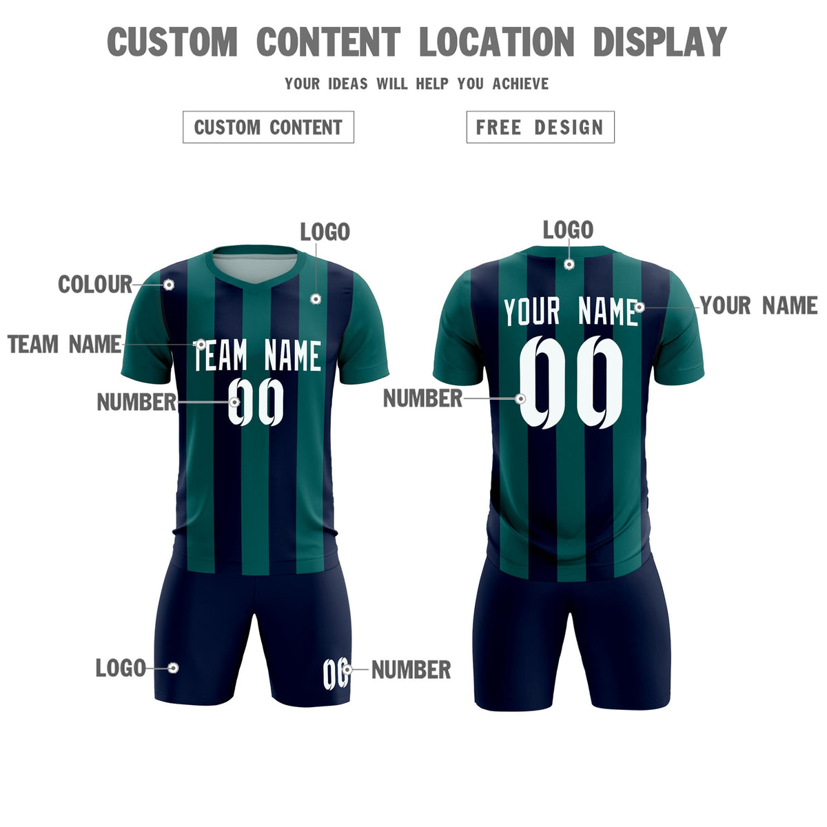 Custom Aqua Navy Vertical Stripes Casual Outdoor Football Kits Jersey