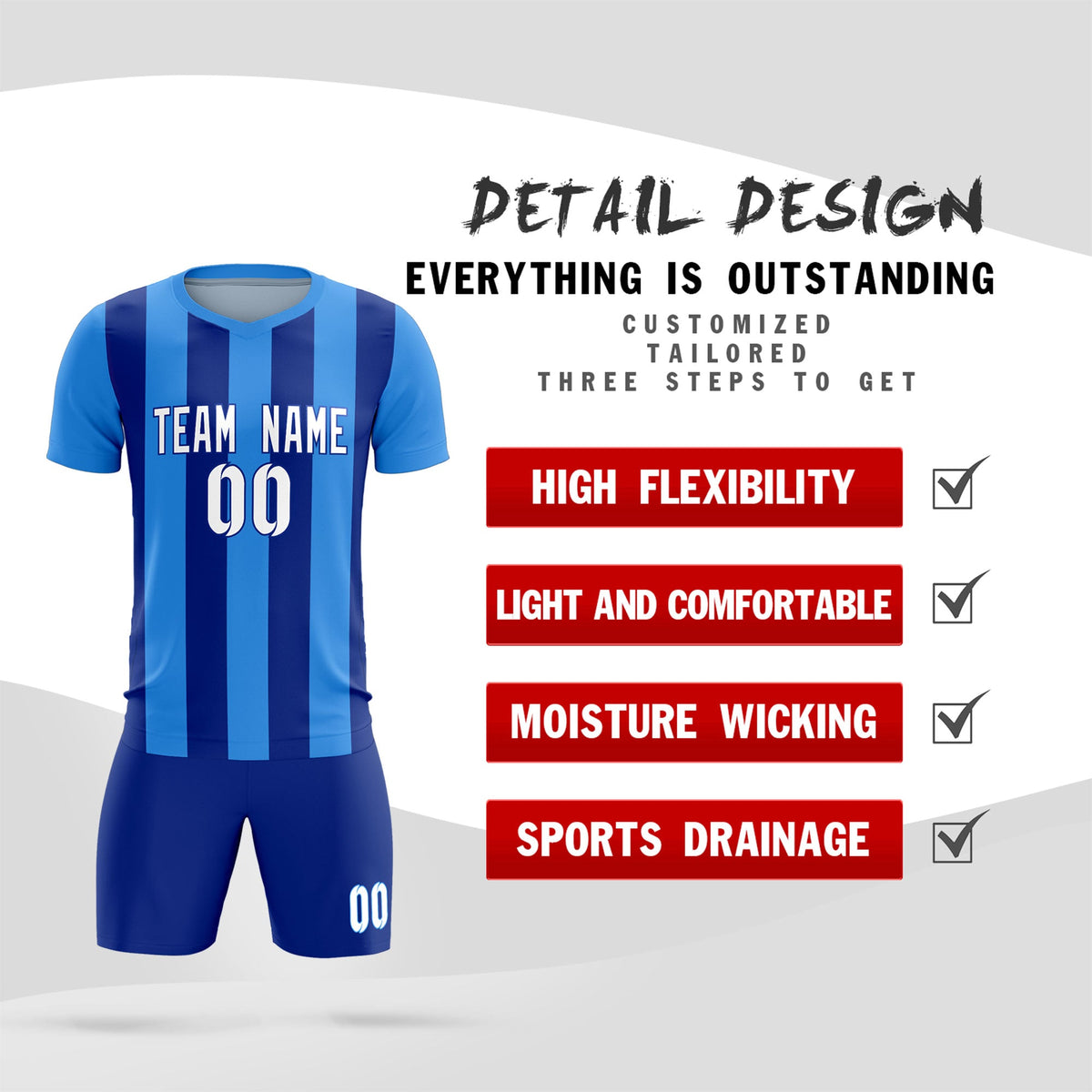 Custom Powder Blue Royal Vertical Stripes Casual Outdoor Football Kits Jersey