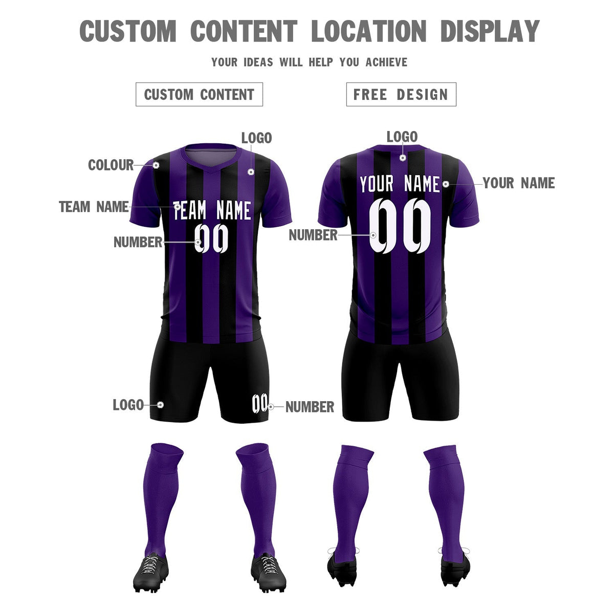 Custom Purple Black Vertical Stripes Casual Outdoor Football Kits Jersey