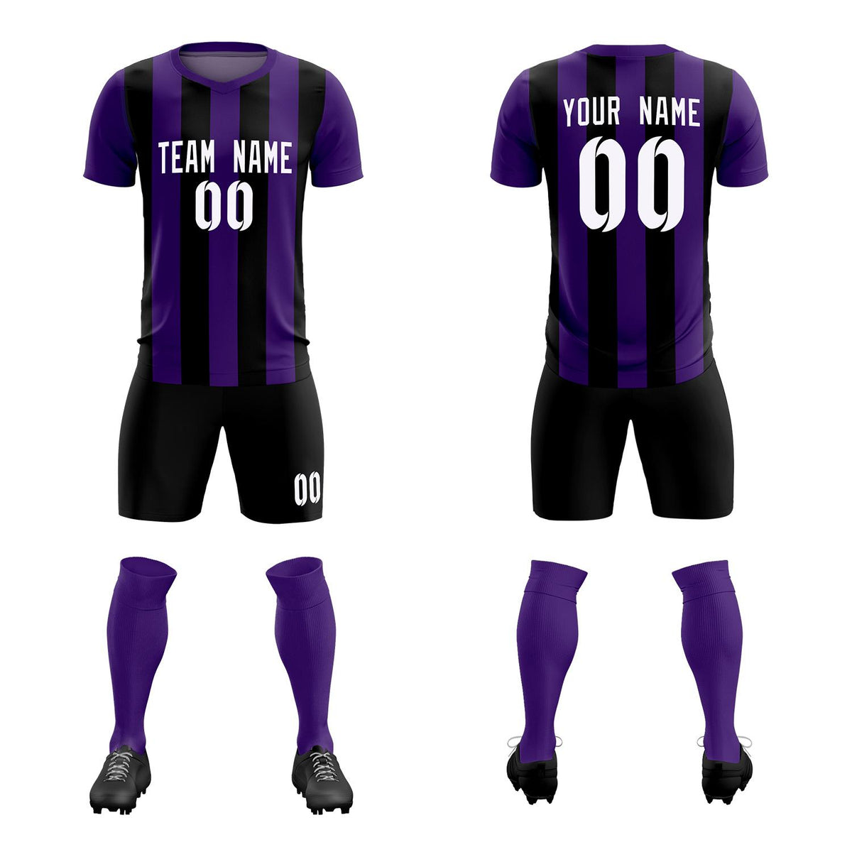 Custom Purple Black Vertical Stripes Casual Outdoor Soccer Sets Jersey