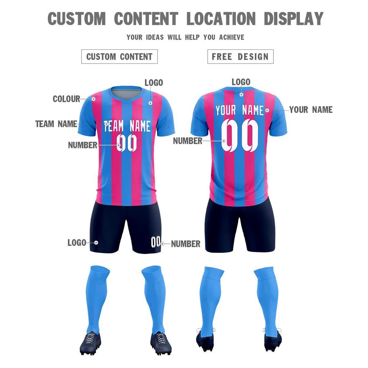 Custom Powder Blue Pink Vertical Stripes Casual Outdoor Football Kits Jersey