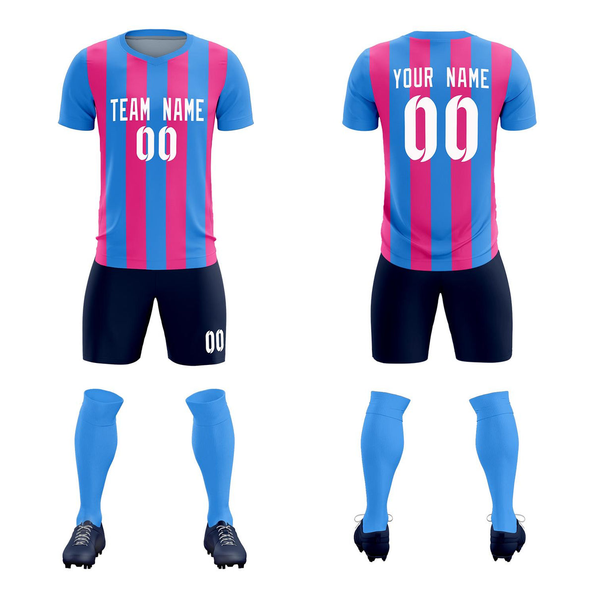Custom Powder Blue Pink Vertical Stripes Casual Outdoor Football Kits Jersey
