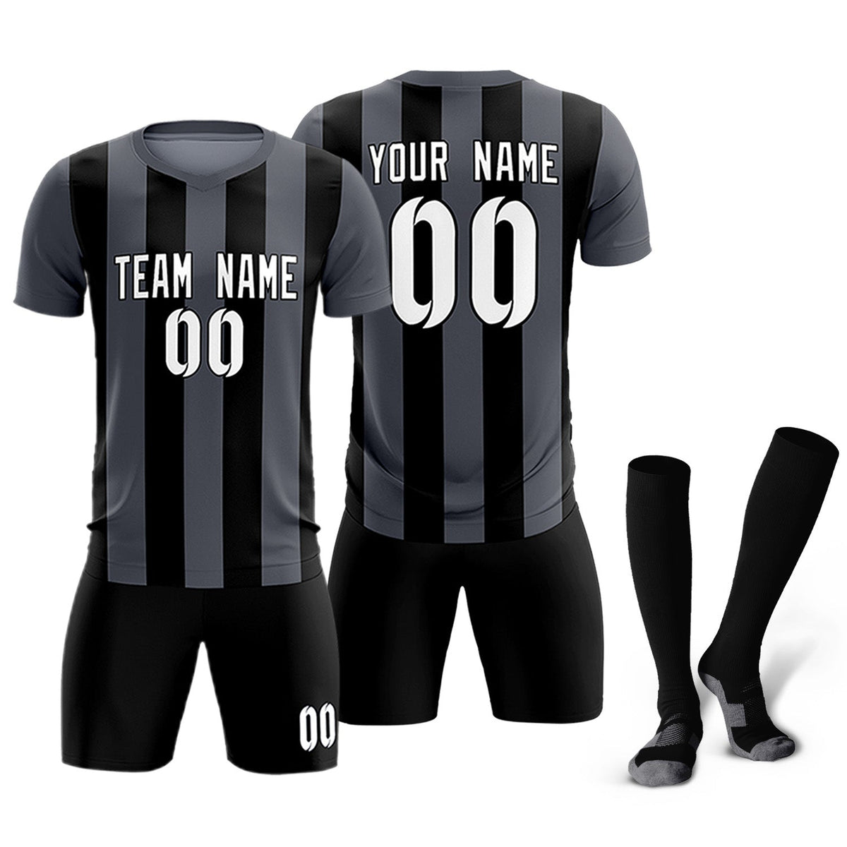 Custom Dark Gray Black Vertical Stripes Casual Outdoor Football Kits Jersey
