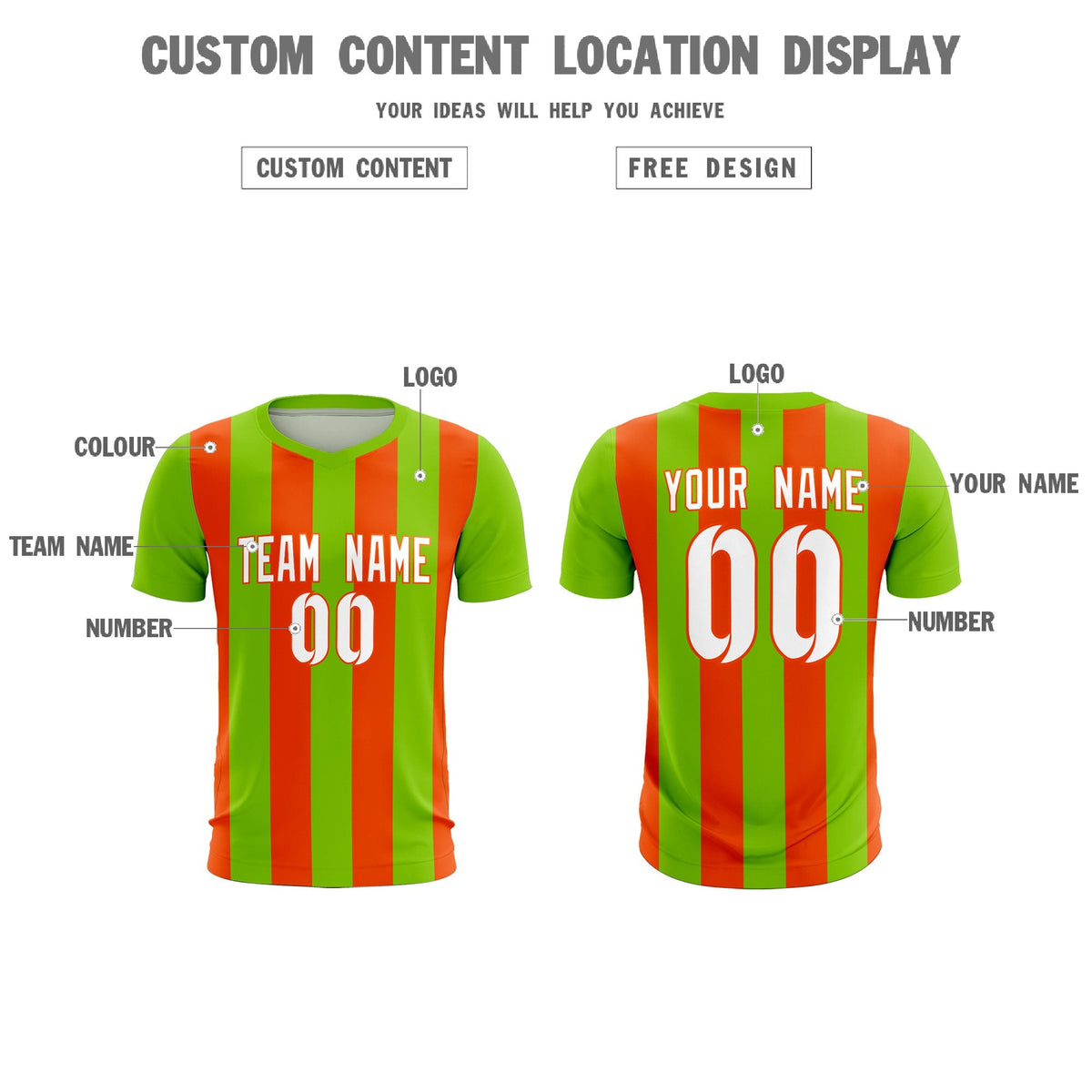 Custom Neon Green Orange Vertical Stripes Casual Outdoor Football Kits Jersey