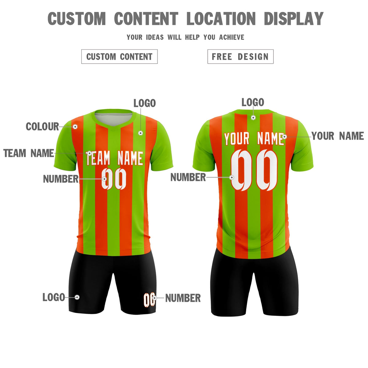 Custom Neon Green Orange Vertical Stripes Casual Outdoor Football Kits Jersey