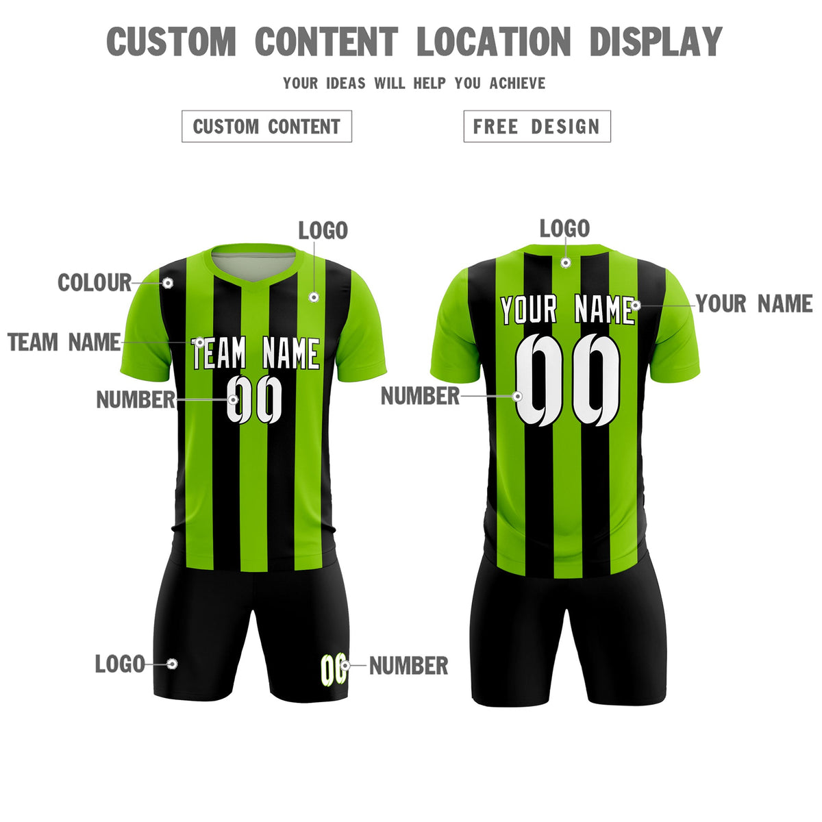 Custom Neon Green Black Vertical Stripes Casual Outdoor Football Kits Jersey
