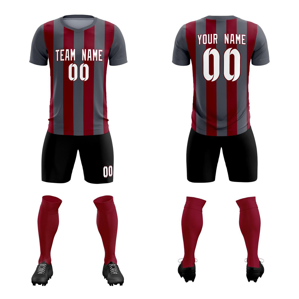 Custom Dark Gray Crimson Vertical Stripes Casual Outdoor Soccer Sets Jersey