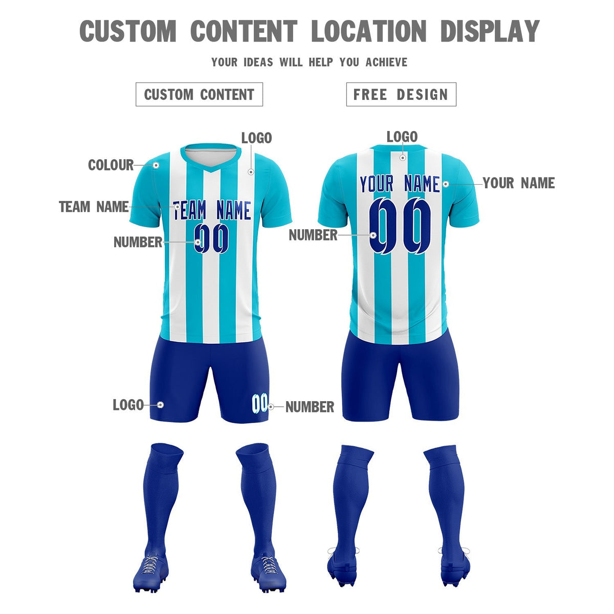 Custom White Sky Blue Vertical Stripes Casual Outdoor Soccer Sets Jersey