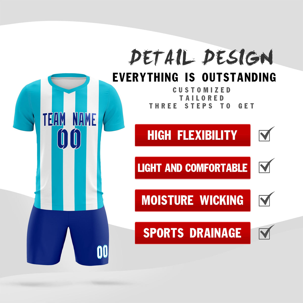 Custom White Sky Blue Vertical Stripes Casual Outdoor Soccer Sets Jersey