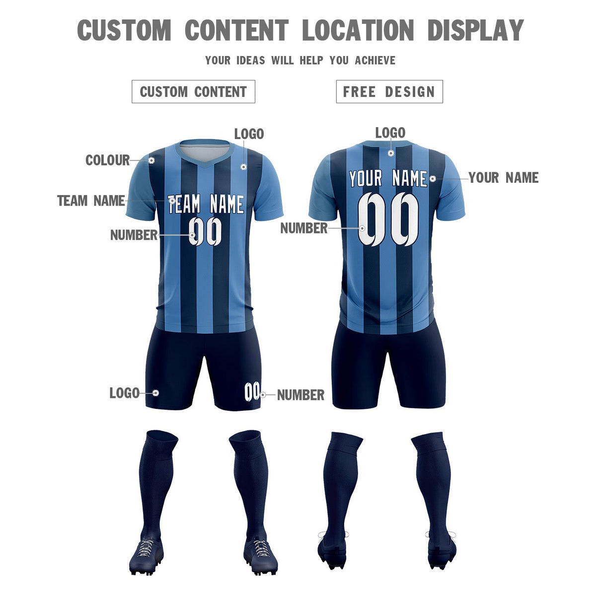 Custom Light Blue Midnight Blue Vertical Stripes Casual Outdoor Soccer Sets Jersey