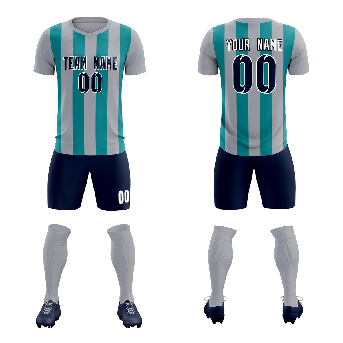 Custom Gray Aqua Vertical Stripes Casual Outdoor Football Kits Jersey
