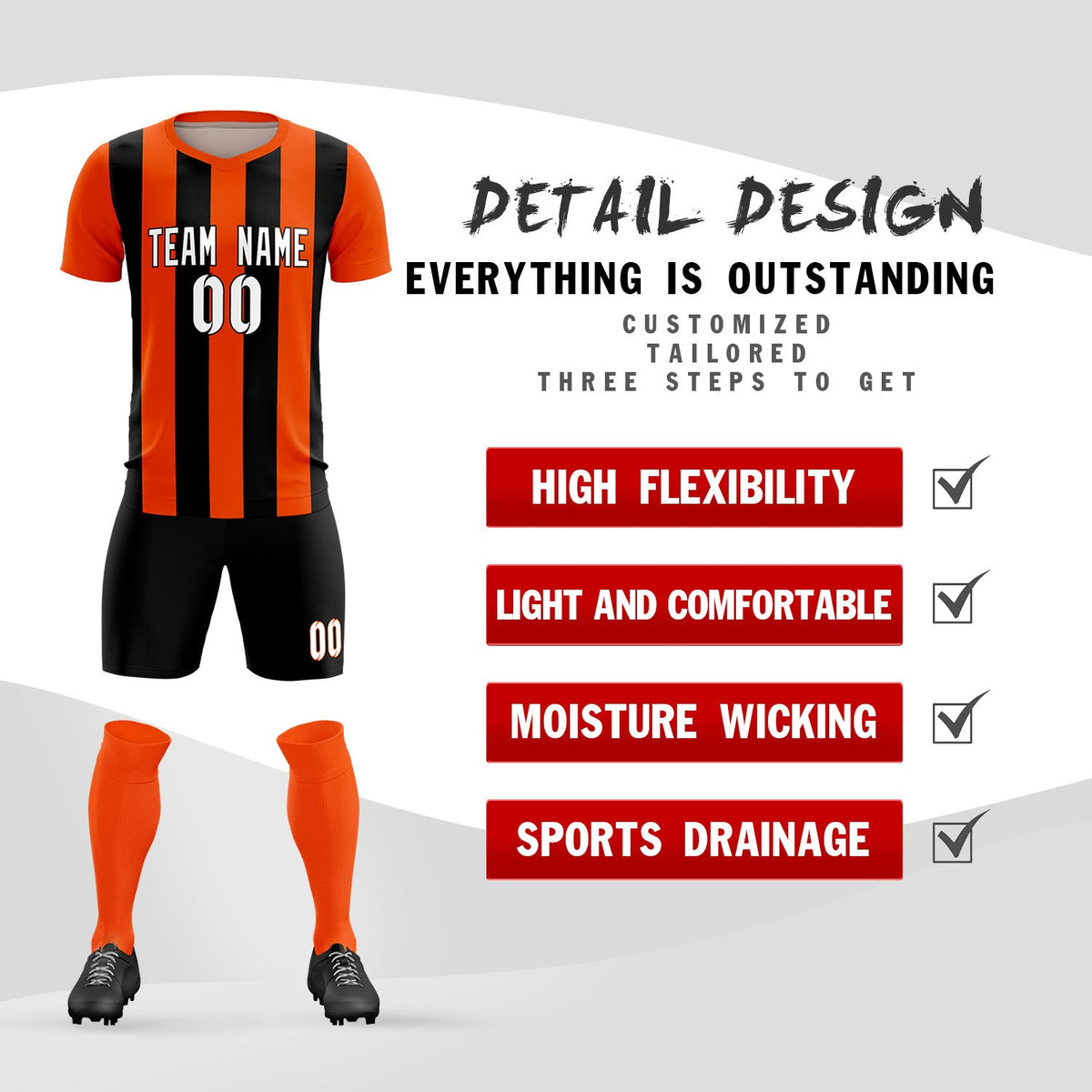 Custom Orange Black Vertical Stripes Casual Outdoor Football Kits Jersey