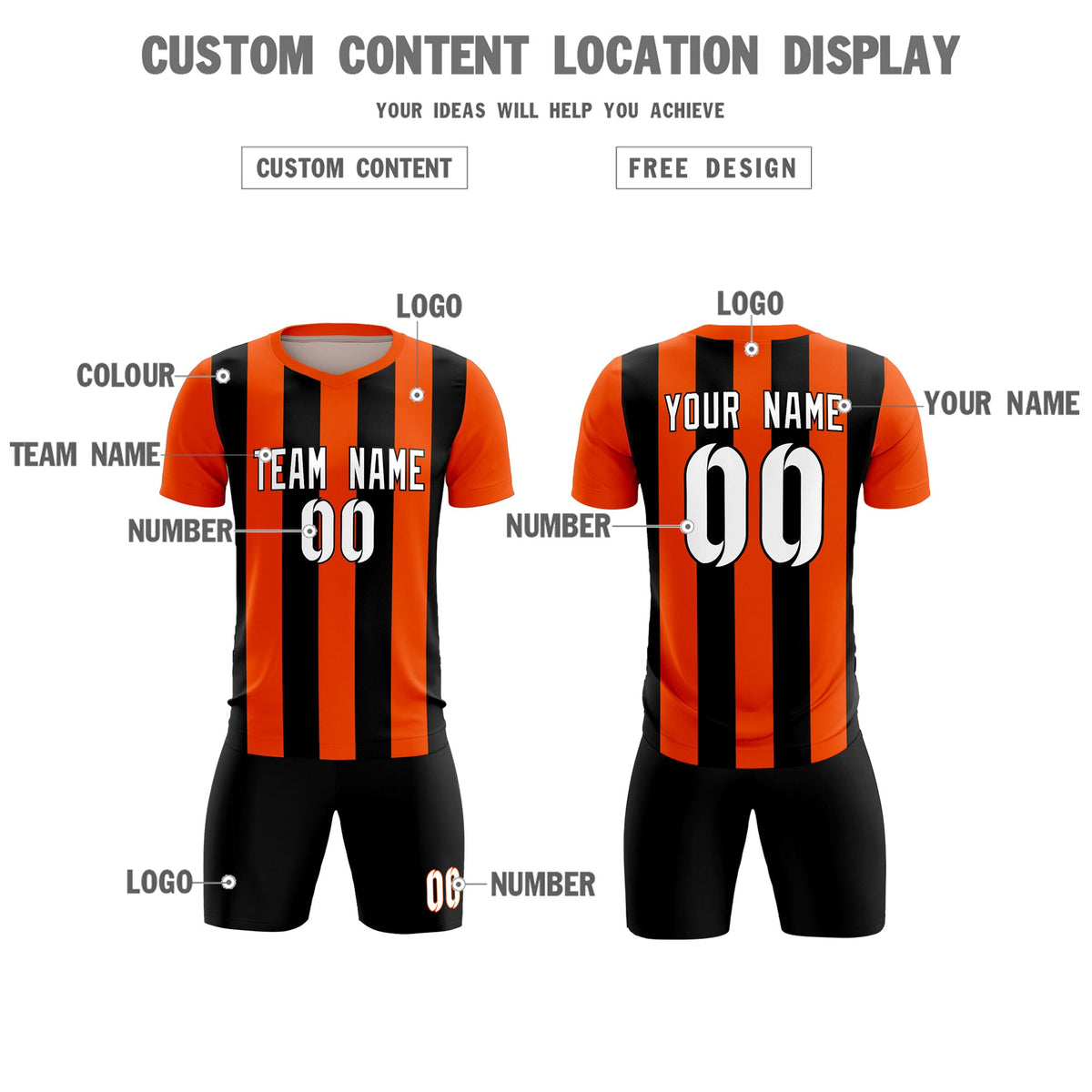 Custom Orange Black Vertical Stripes Casual Outdoor Football Kits Jersey