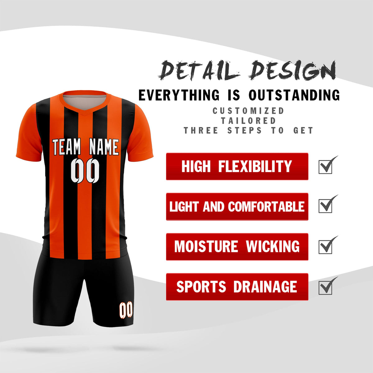 Custom Orange Black Vertical Stripes Casual Outdoor Football Kits Jersey
