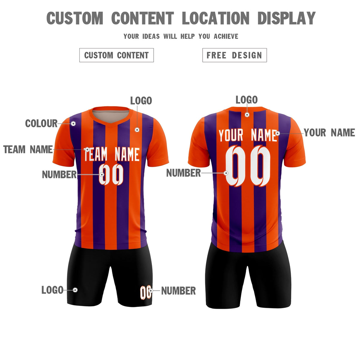 Custom Orange Purple Vertical Stripes Casual Outdoor Soccer Sets Jersey