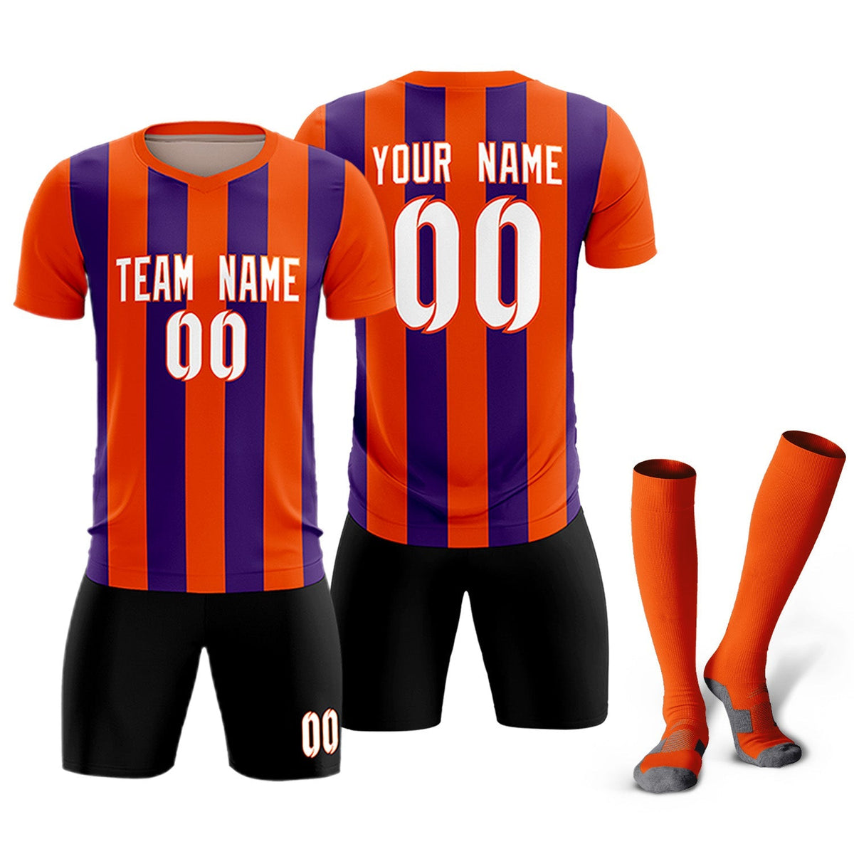 Custom Orange Purple Vertical Stripes Casual Outdoor Soccer Sets Jersey