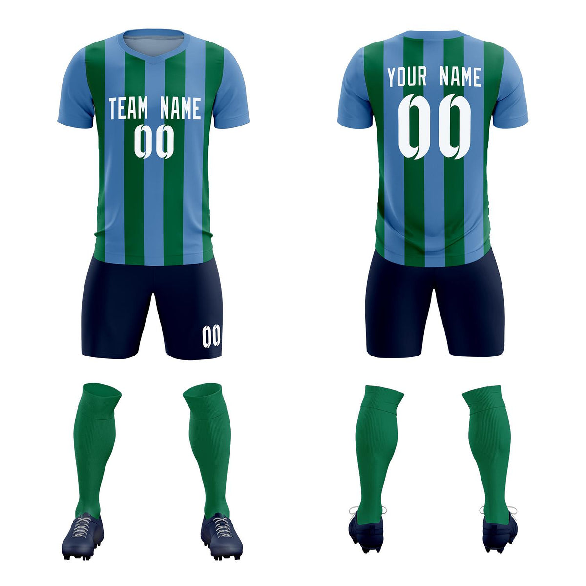 Custom Light Blue Kelly Green Vertical Stripes Casual Outdoor Soccer Sets Jersey