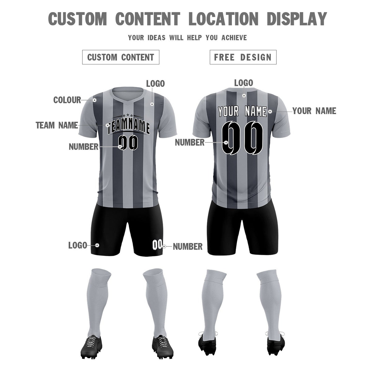 Custom Gray Dark Gray Vertical Stripes Casual Outdoor Football Kits Jersey