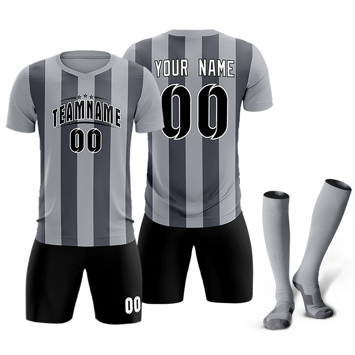 Custom Gray Dark Gray Vertical Stripes Casual Outdoor Soccer Sets Jersey