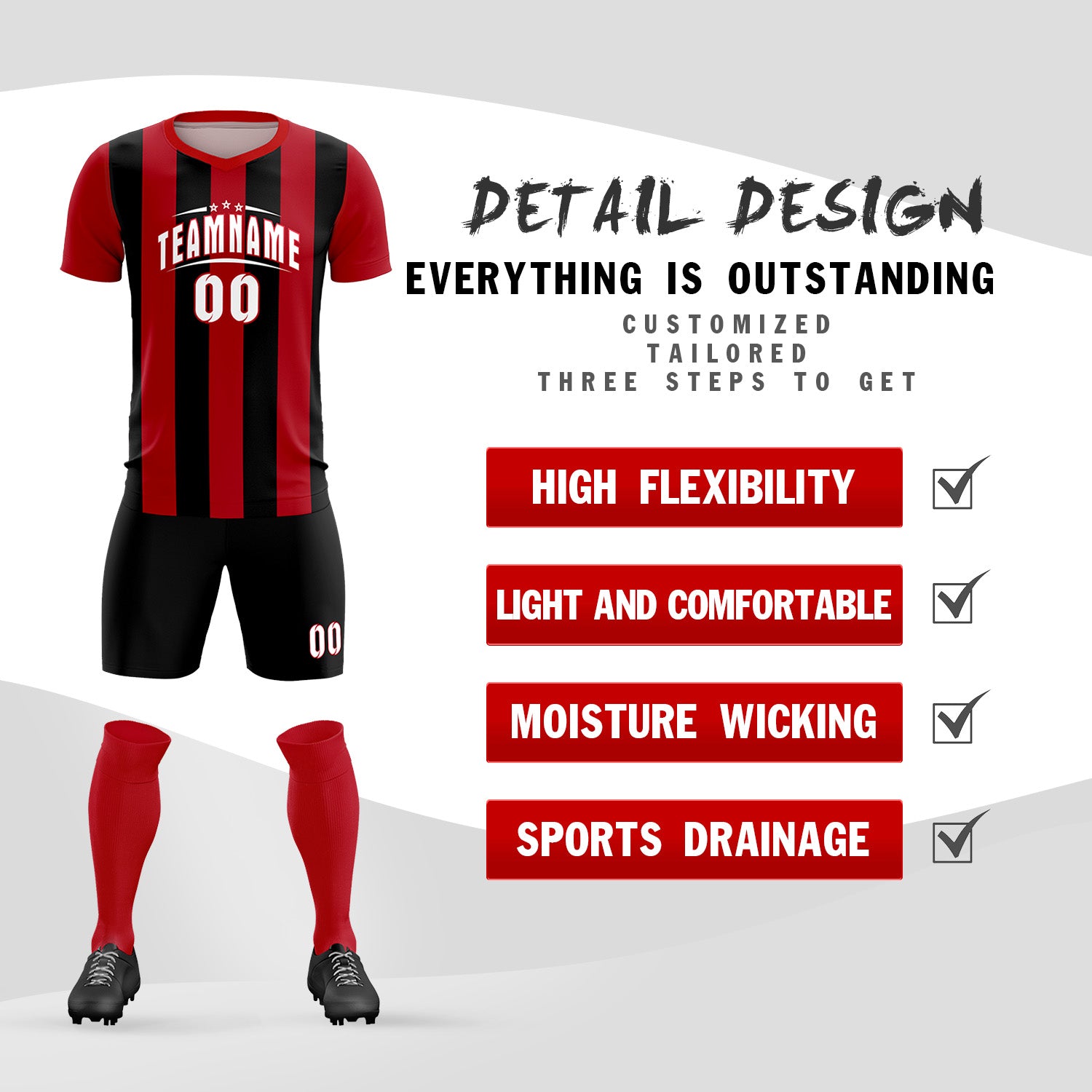 Custom Red Black Vertical Stripes Casual Outdoor Soccer Sets Jersey