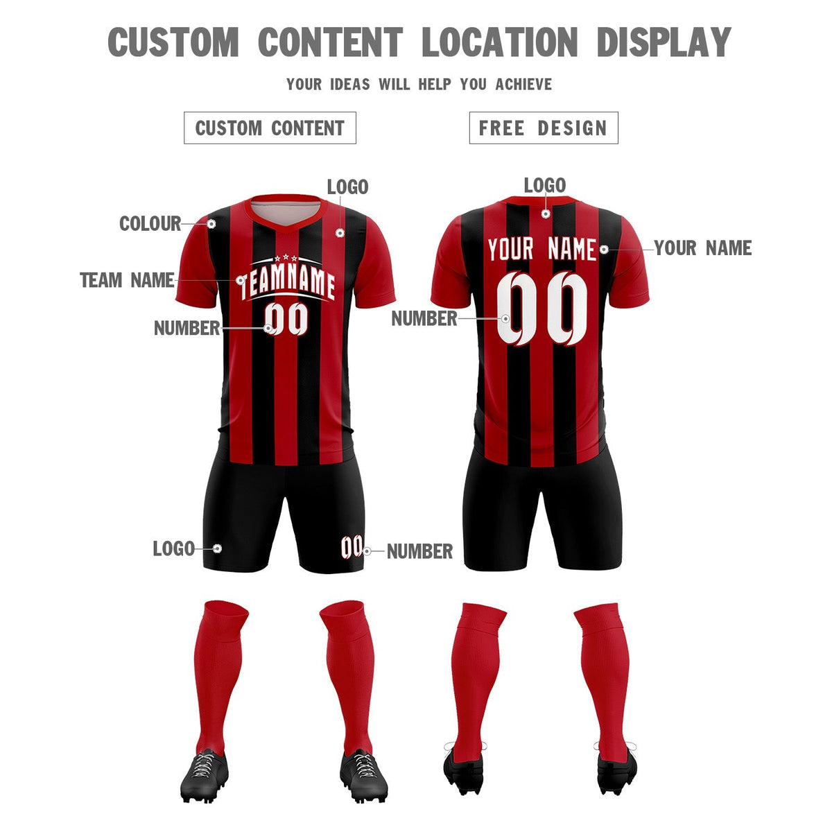 Custom Red Black Vertical Stripes Casual Outdoor Football Kits Jersey