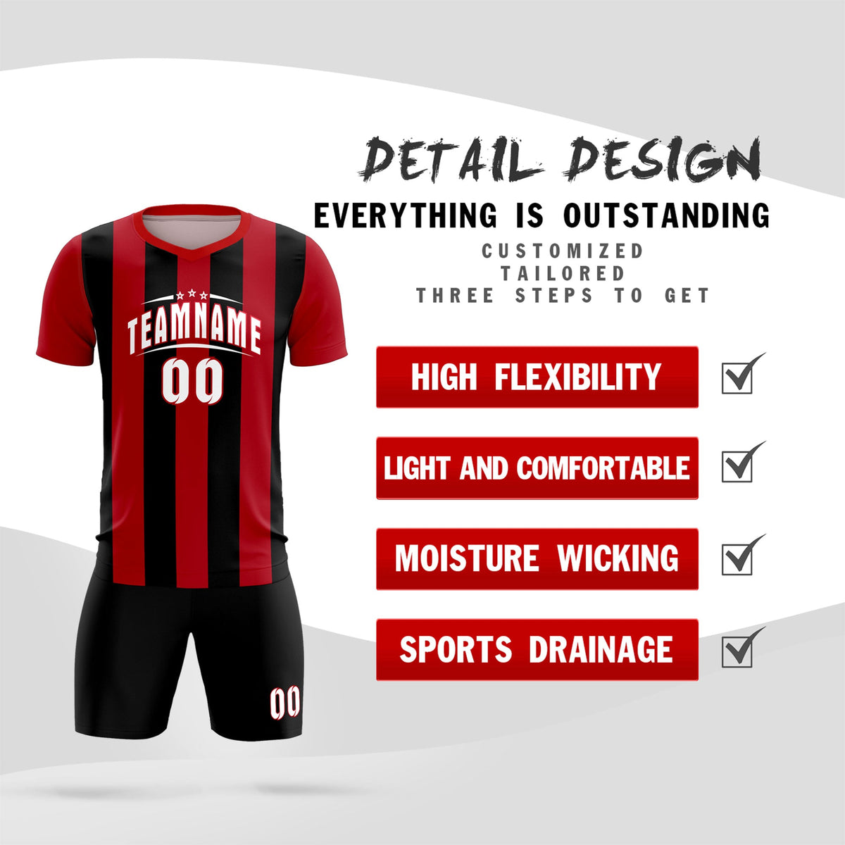 Custom Red Black Vertical Stripes Casual Outdoor Football Kits Jersey