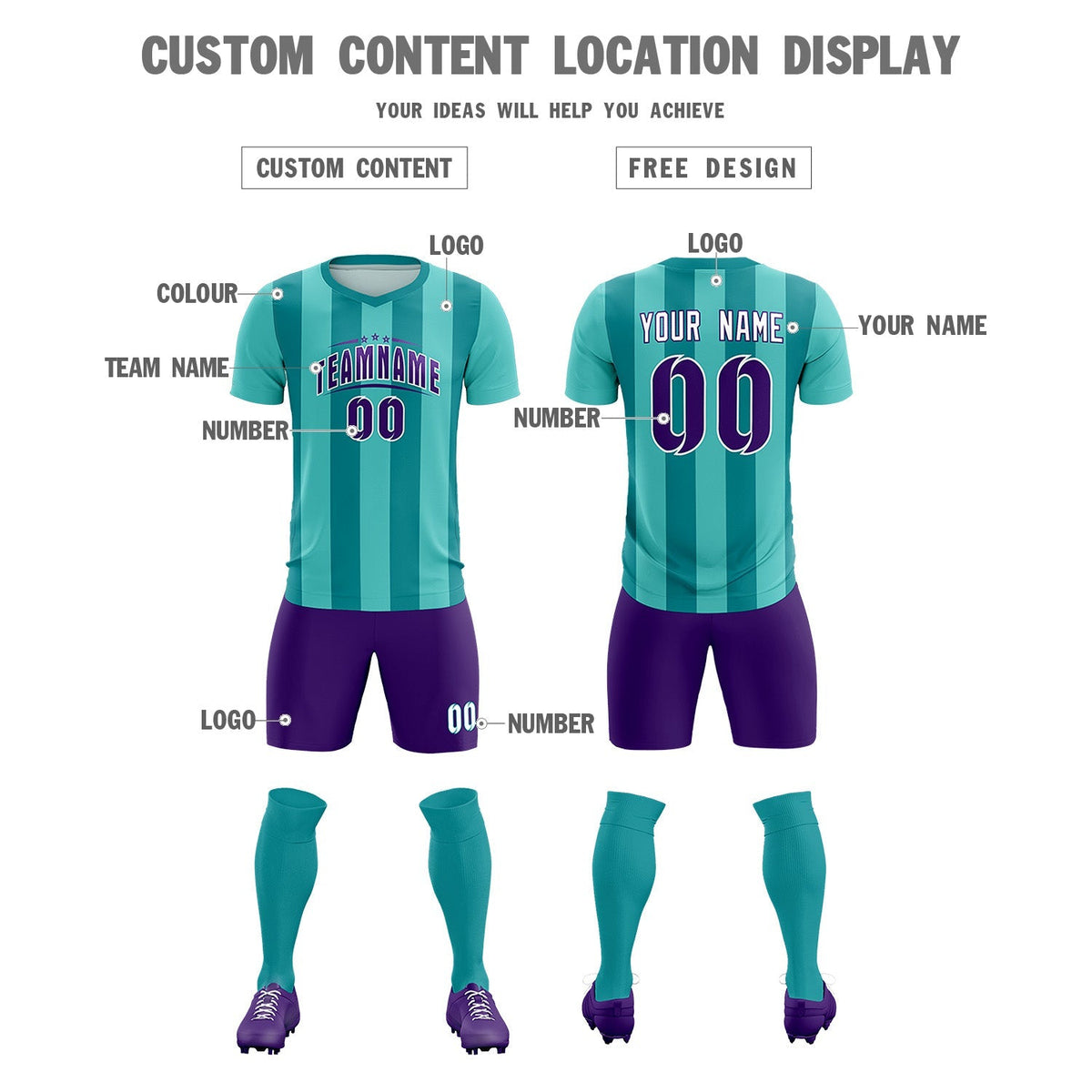 Custom Bright Green Aqua Vertical Stripes Casual Outdoor Soccer Sets Jersey