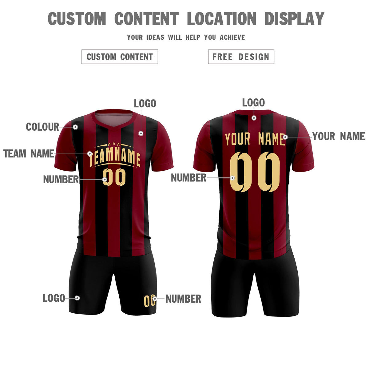 Custom Crimson Black Vertical Stripes Casual Outdoor Football Kits Jersey